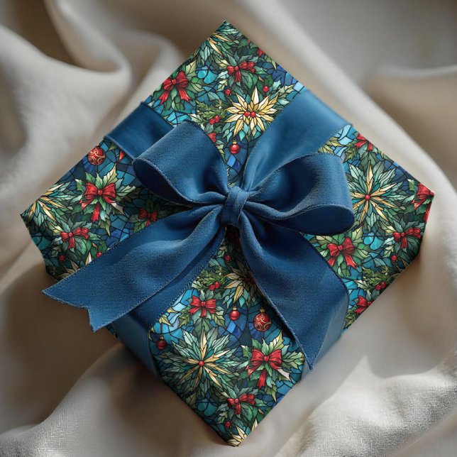 Papel De Presente Elegante arco de Natal azul coquette vitral  (Criador carregado)