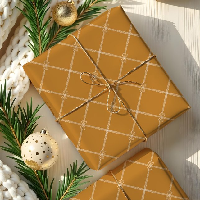 Papel De Presente Elegante Arco de Natal Chic e Padrão de Fita Amare (Elegant Chic Christmas Bow & Ribbon Pattern Yellow Wrapping Paper)