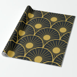 Papel De Presente Elegante Art Deco Dourado padrão solar em preto