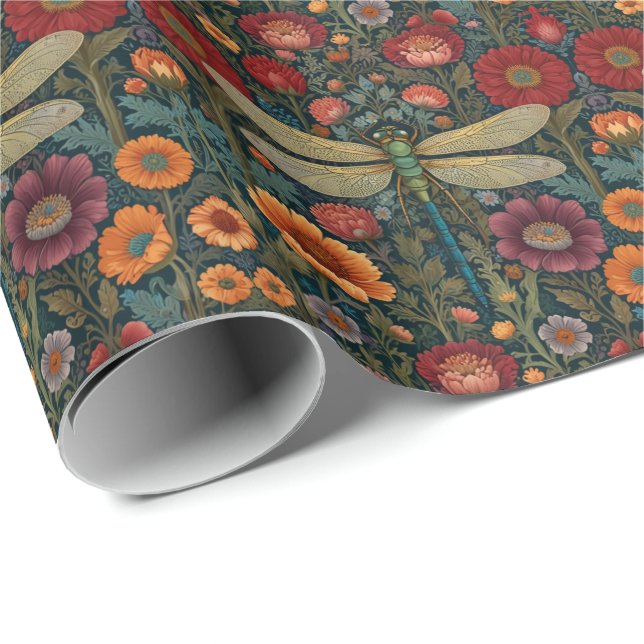 Papel De Presente Elegante arte nova floral de Outono Libélula (Ponta do rolo)
