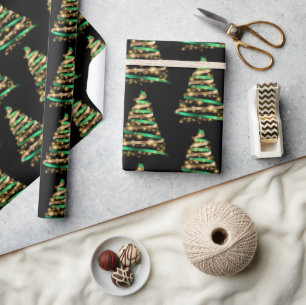 Papel De Presente Elegante árvore de Natal com fita verde e dourada