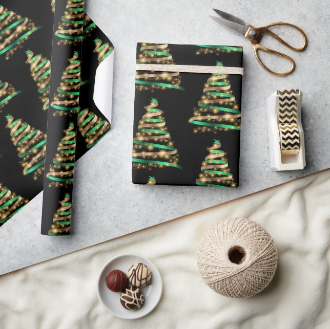 Papel De Presente Elegante árvore de Natal com fita verde e dourada (Artesanato)