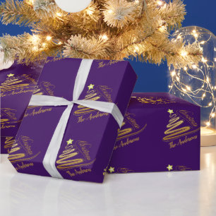 Papel De Presente Elegante Árvore de Natal em Folha de Ouro Roxo Orq