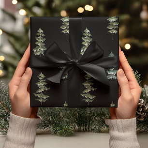 Papel De Presente Elegante Árvore de Pinheiro Aquarela Preta