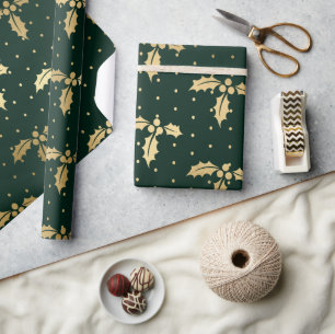 Papel De Presente Elegante Azevinho de Natal em Verde e Dourado com