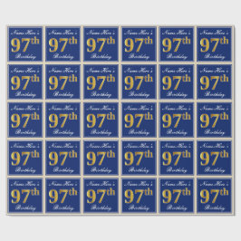 Papel De Presente Elegante, Azul, Dourado Falso Aniversário de 97 an