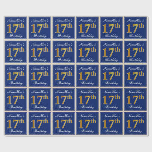 Papel De Presente Elegante, Azul, Faux Dourado 17º Aniversário + N