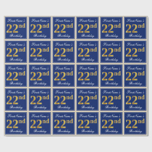 Papel De Presente Elegante, Azul, Faux Dourado 22º Aniversário + N