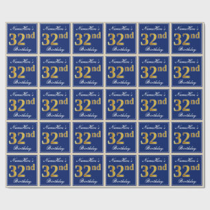 Papel De Presente Elegante, Azul, Faux Dourado 32º Aniversário + Nom
