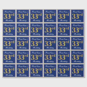 Papel De Presente Elegante, Azul, Faux Dourado 33º Aniversário + N