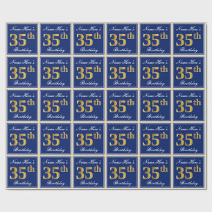 Papel De Presente Elegante, Azul, Faux Dourado 35º Aniversário + Nom