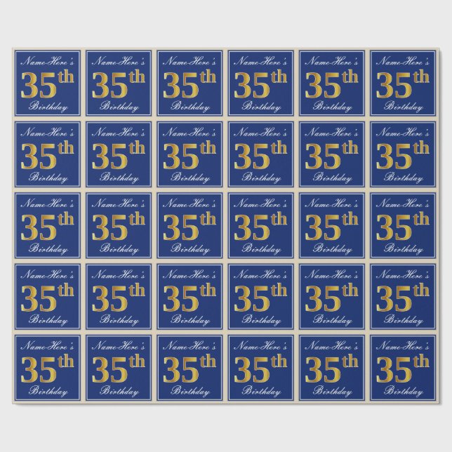 Papel De Presente Elegante, Azul, Faux Dourado 35º Aniversário + Nom (Aberto)