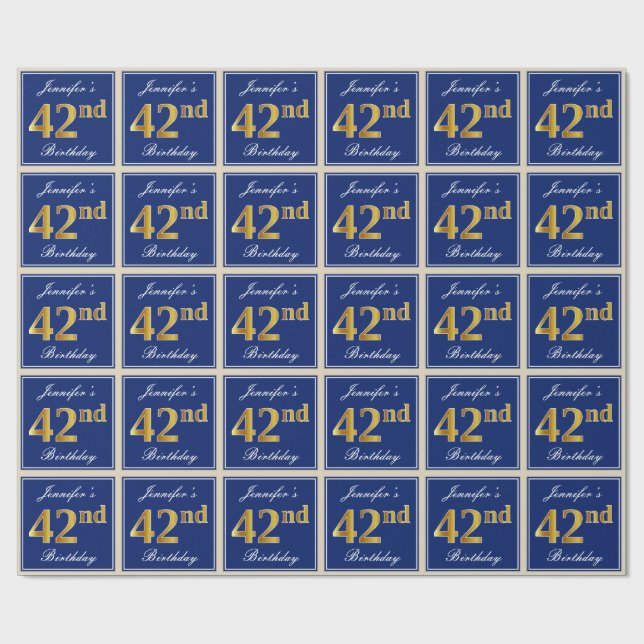 Papel De Presente Elegante, Azul, Faux Dourado 42º Aniversário + Nom (Aberto)