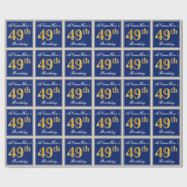 Papel De Presente Elegante, Azul, Faux Dourado 49º Aniversário + Nom