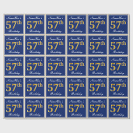 Papel De Presente Elegante, Azul, Faux Dourado 57º Aniversário + Nom