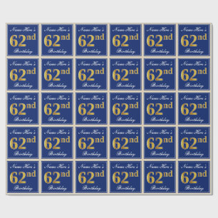 Papel De Presente Elegante, Azul, Faux Dourado 62º Aniversário + Nom