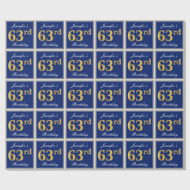 Papel De Presente Elegante, Azul, Faux Dourado 63º Aniversário + Nom (Aberto)