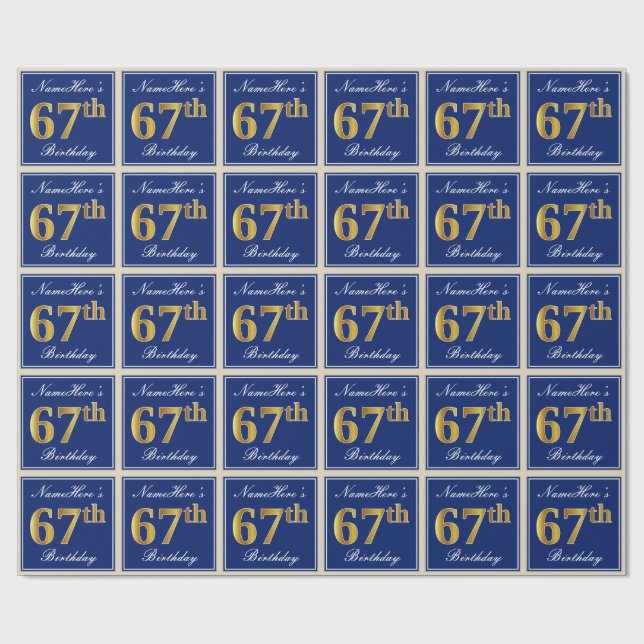 Papel De Presente Elegante, Azul, Faux Dourado 67º Aniversário + Nom (Aberto)