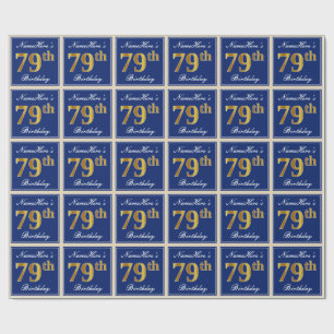 Papel De Presente Elegante, Azul, Faux Dourado 79º Aniversário + Nom