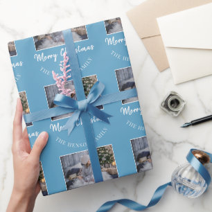 Papel De Presente Elegante Azul Feliz Natal Script Família Foto 