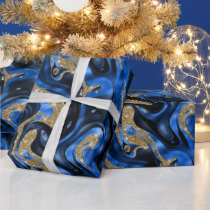 Papel De Presente Elegante Azul Molten e Dourado Aniversário Glitter