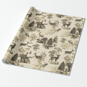 Papel De Presente Elegante Bege Sepia Vintage Veado na Floresta