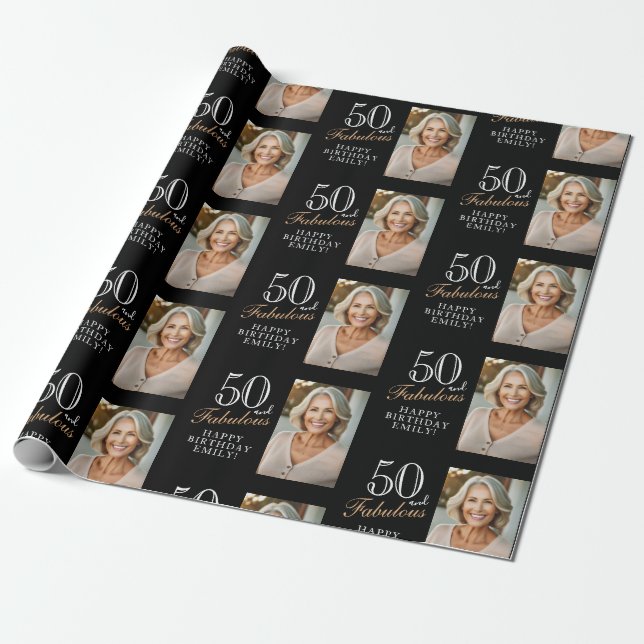 Papel De Presente Elegante Black 50 e Fabulosa 50th Birthday Photo (Desenrolado)