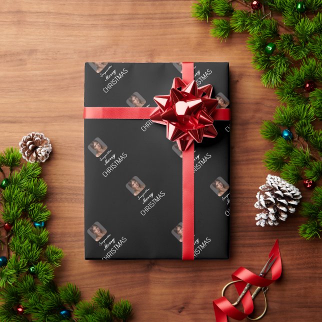 Papel De Presente Elegante Black Photo Script Name Feliz Natal (Presente de Natal)