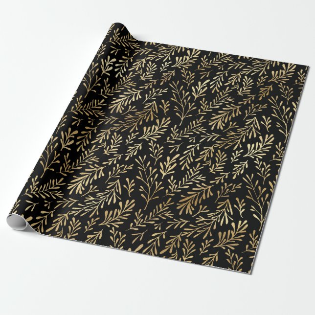 Papel De Presente Elegante Black Shimmer Botanical Leaf Birthday (Desenrolado)