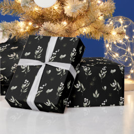 Papel De Presente Elegante Black Winter Greenery Botanical Christmas