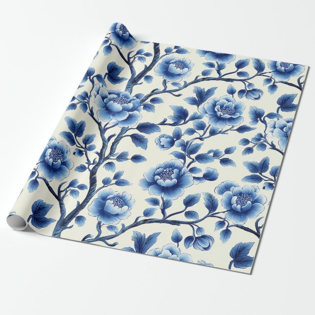 Papel De Presente Elegante Blue Chinoiserie Floral Patterno Design (Desenrolado)