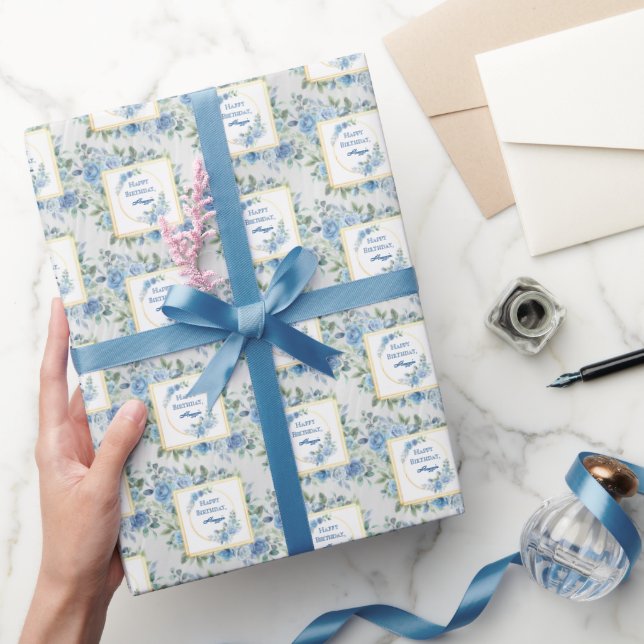 Papel De Presente Elegante Blue Floral Happy Birthday (Presentear)