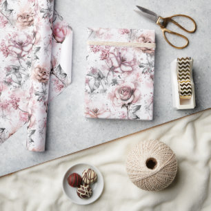 Papel De Presente Elegante Blush Floral Rosa