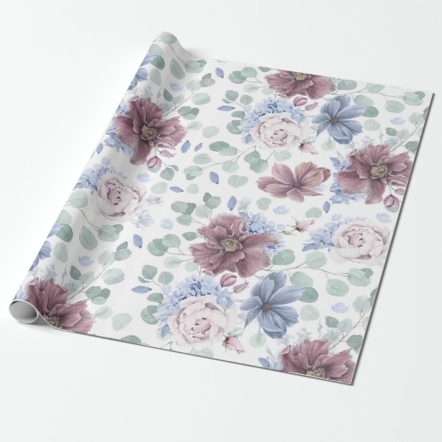 Papel De Presente Elegante Bobotânico Mauve e Dusty Blue (Desenrolado)