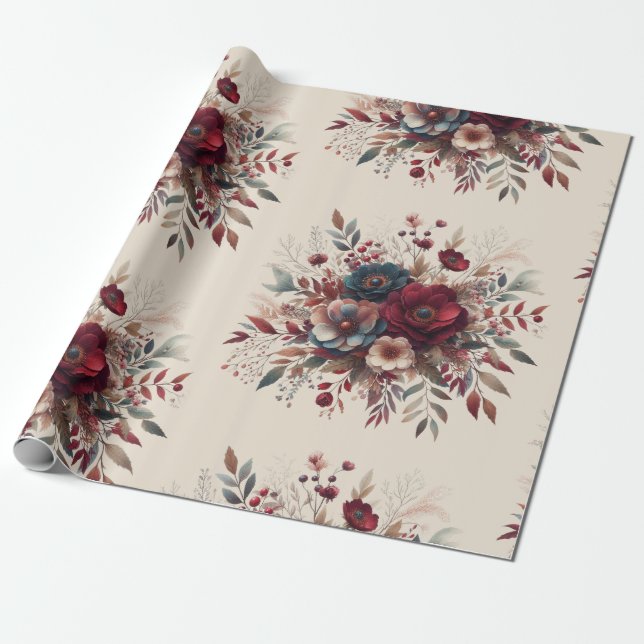Papel De Presente Elegante Boho Burgundy - Padrão Vermelho e Azul (Desenrolado)