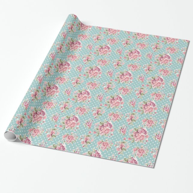 Papel De Presente Elegante branco azul do chique floral das bolinhas (Desenrolado)