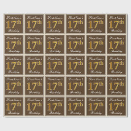 Papel De Presente Elegante, Brown, Faux Dourado 17.º Aniversário + N