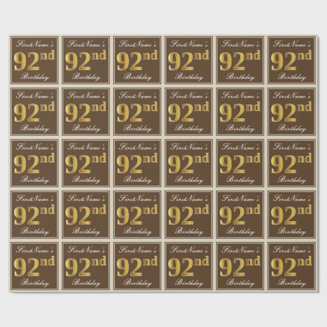 Papel De Presente Elegante, Brown, Faux Dourado 92º Aniversário + No (Aberto)