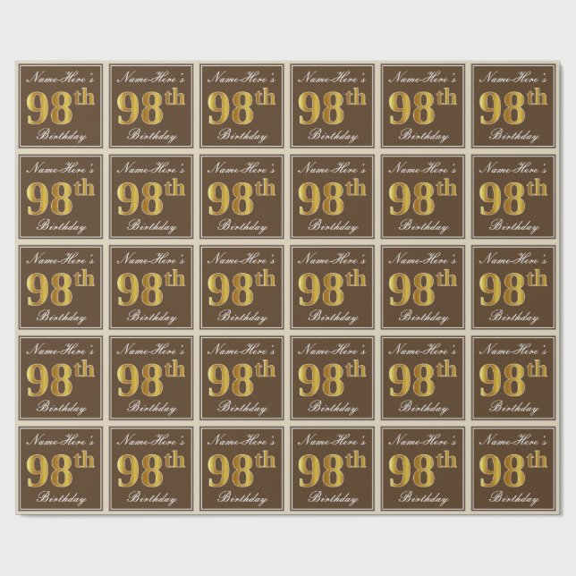 Papel De Presente Elegante, Castanho, Faux Dourado 98º Aniversário + (Aberto)