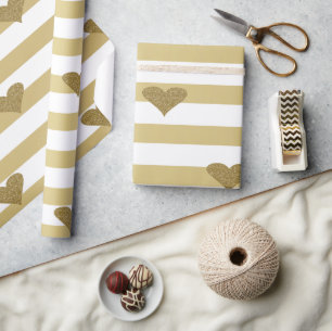 Papel De Presente Elegante Chic Falso Brilho Dourado Corações Em Lis