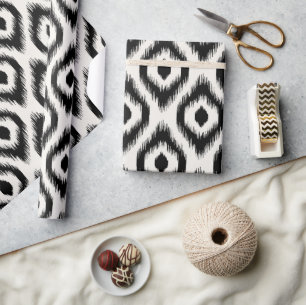 Papel De Presente Elegante Chic Mod Preto Marfim Padrão Ikat Diamant