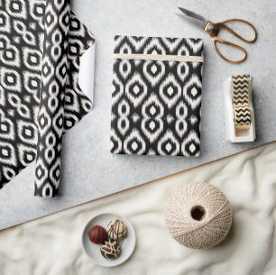Papel De Presente Elegante Chic Mod Preto Marfim Padrão Ikat Diamant