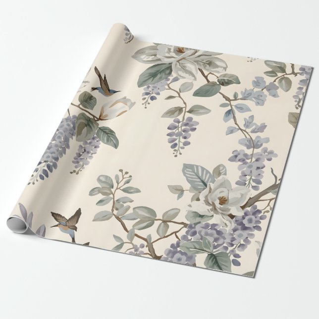 Papel De Presente Elegante Chinoiserie de Flores e Pássaros (Desenrolado)