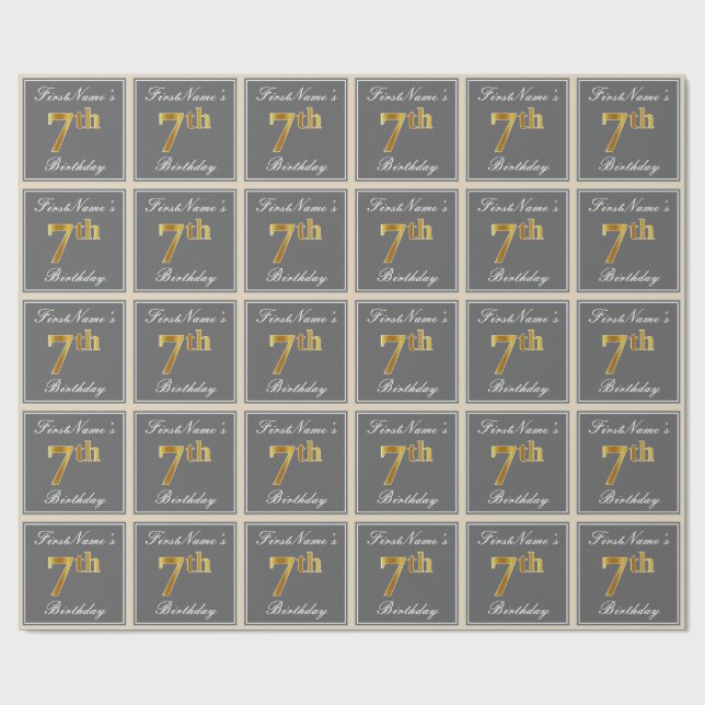 Papel De Presente Elegante, Cinza, Faux Dourada 7 Birthday; Nome Per (Aberto)