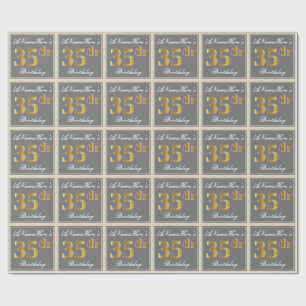 Papel De Presente Elegante, Cinza, Faux Dourado 35º Aniversário +