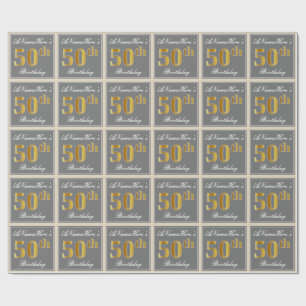 Papel De Presente Elegante, Cinza, Faux Dourado 50º Aniversário + 
