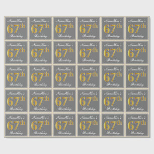 Papel De Presente Elegante, Cinza, Faux Dourado 67º Aniversário +