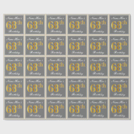 Papel De Presente Elegante, Cinza, Faux Dourado 68.º Aniversário + N