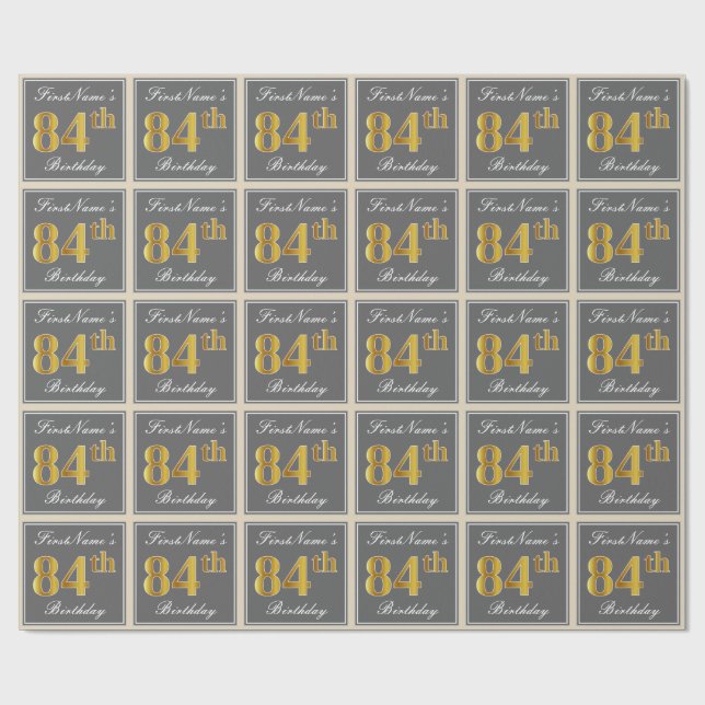 Papel De Presente Elegante, Cinza, Faux Dourado 84.o Aniversário + N (Aberto)