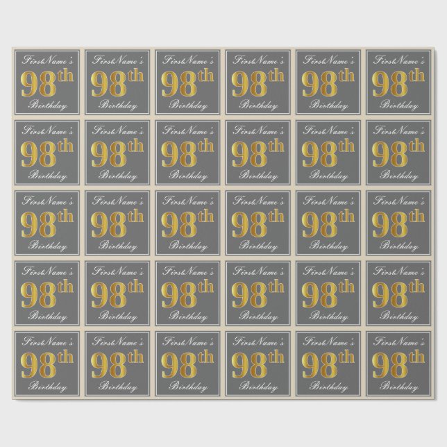 Papel De Presente Elegante, Cinza, Faux Dourado 98.º Aniversário + N (Aberto)
